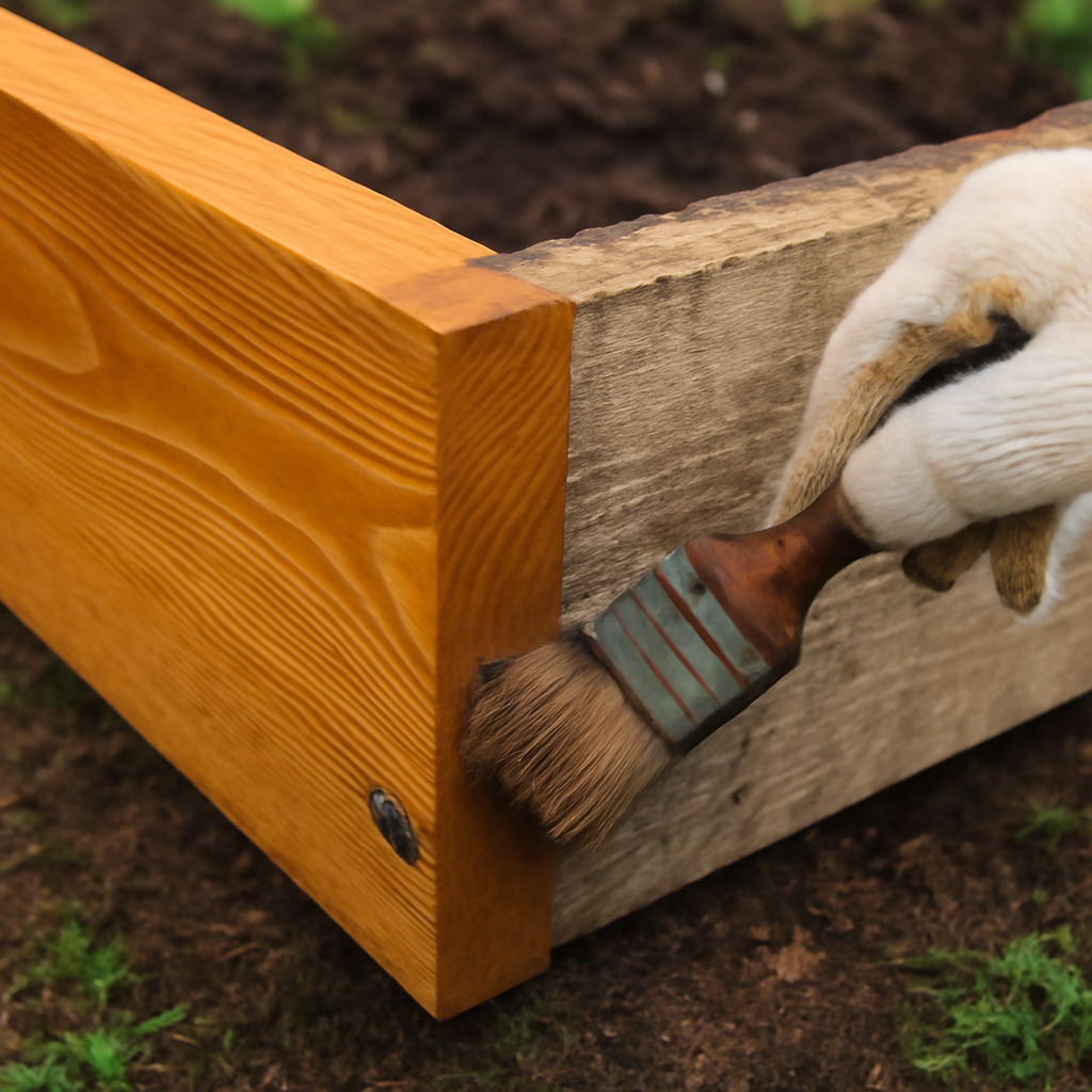 Hand painting wooden garden bed with protective coating