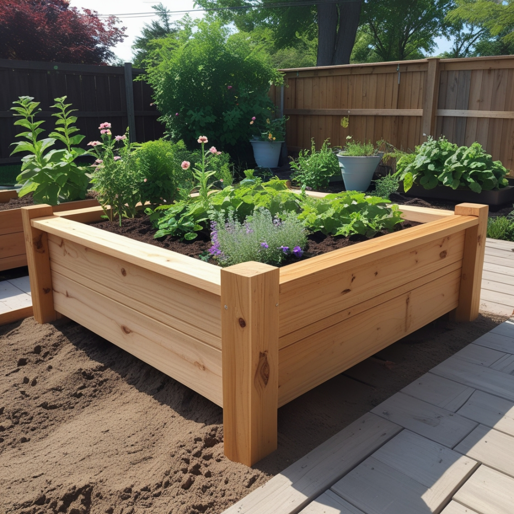 Wooden raised garden bed filled with green plants