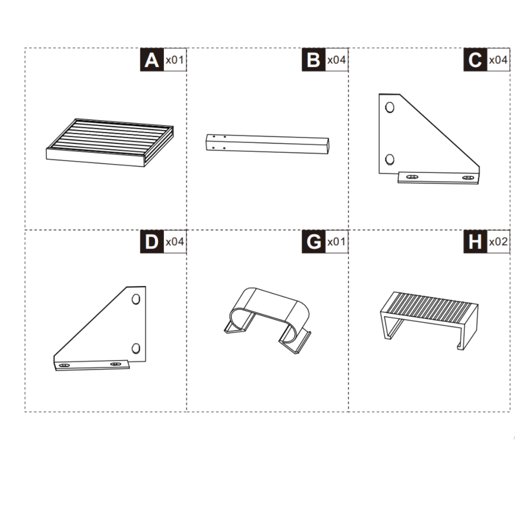 Illustrated parts list showing tabletop, legs, brackets, extension leaf, and side panels.
