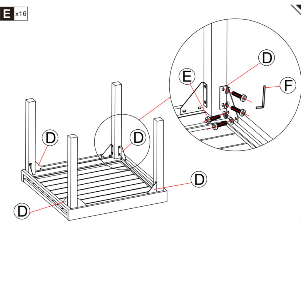 Attaching four table legs to the main tabletop using corner brackets and bolts.