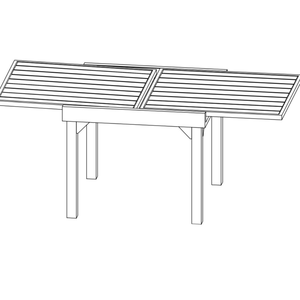 Fully assembled extendable table shown in upright position for inspection.
