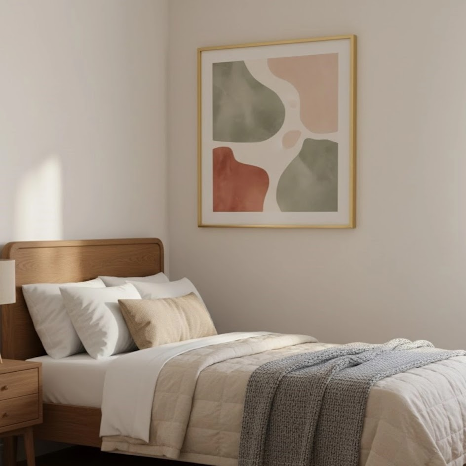 Minimal twin bed with framed abstract wall art and neutral bedding.