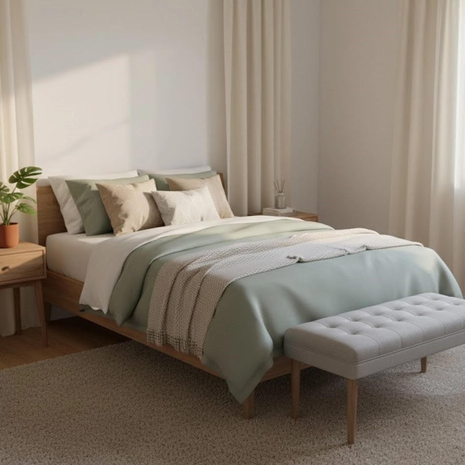 Twin bed with sage bedding, accent pillows, and cushioned end bench.