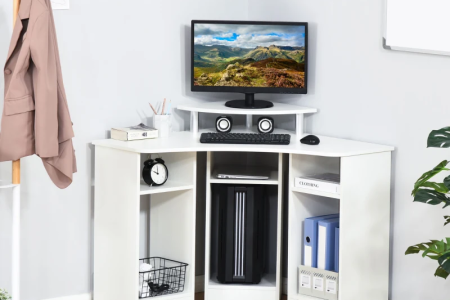 Compact white corner desk with computer setup and organized office supplies.