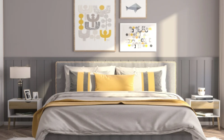 Modern bedroom with grey and yellow bedding, wall art, and coordinated nightstands.