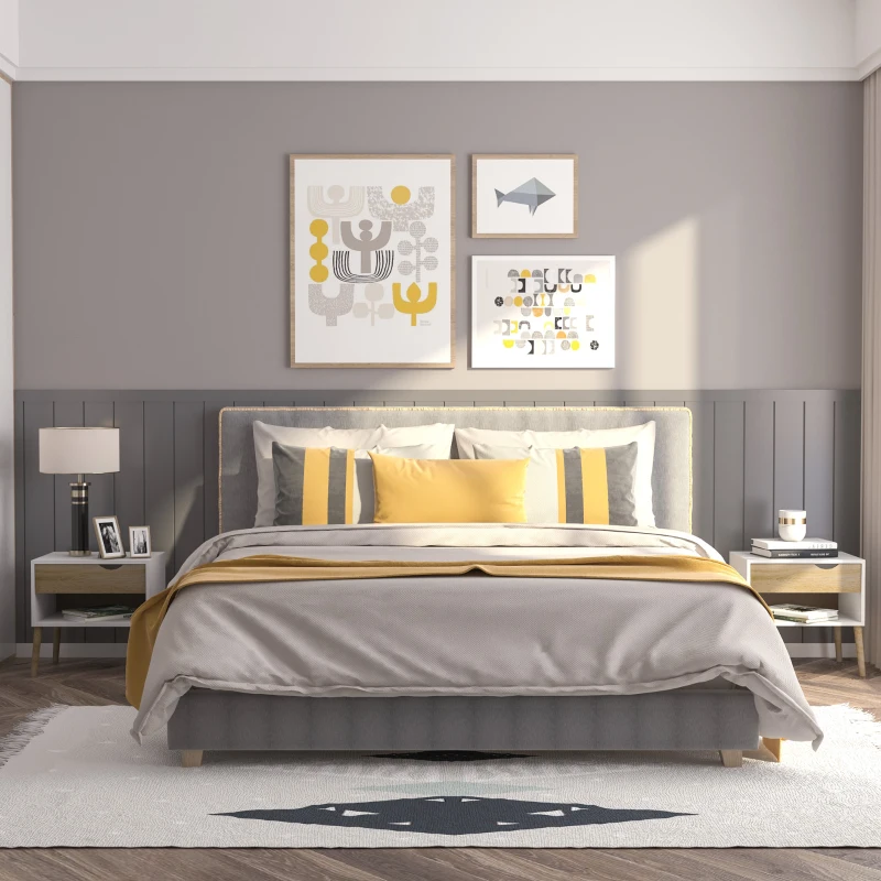 Modern bedroom with grey and yellow bedding, wall art, and coordinated nightstands.