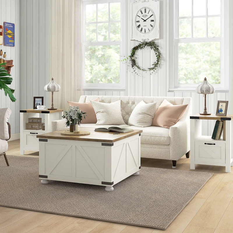 HOMCOM Farmhouse Storage white Side Table.