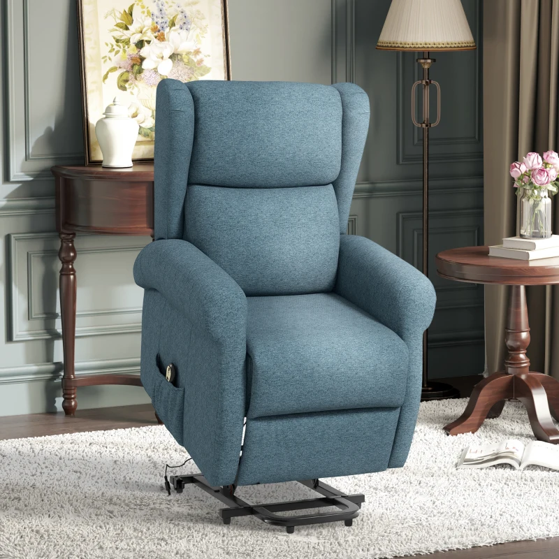 Blue power lift recliner chair with remote control in traditional living room setting.