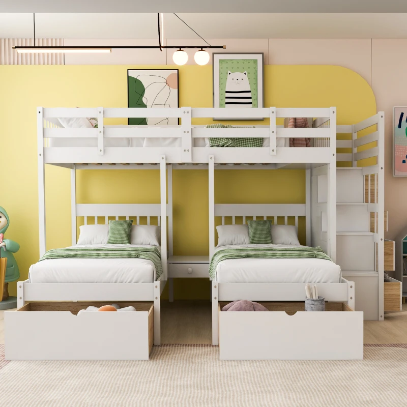 Kids’ bedroom featuring grey bunk bed with drawers and safety guardrails against yellow wall.