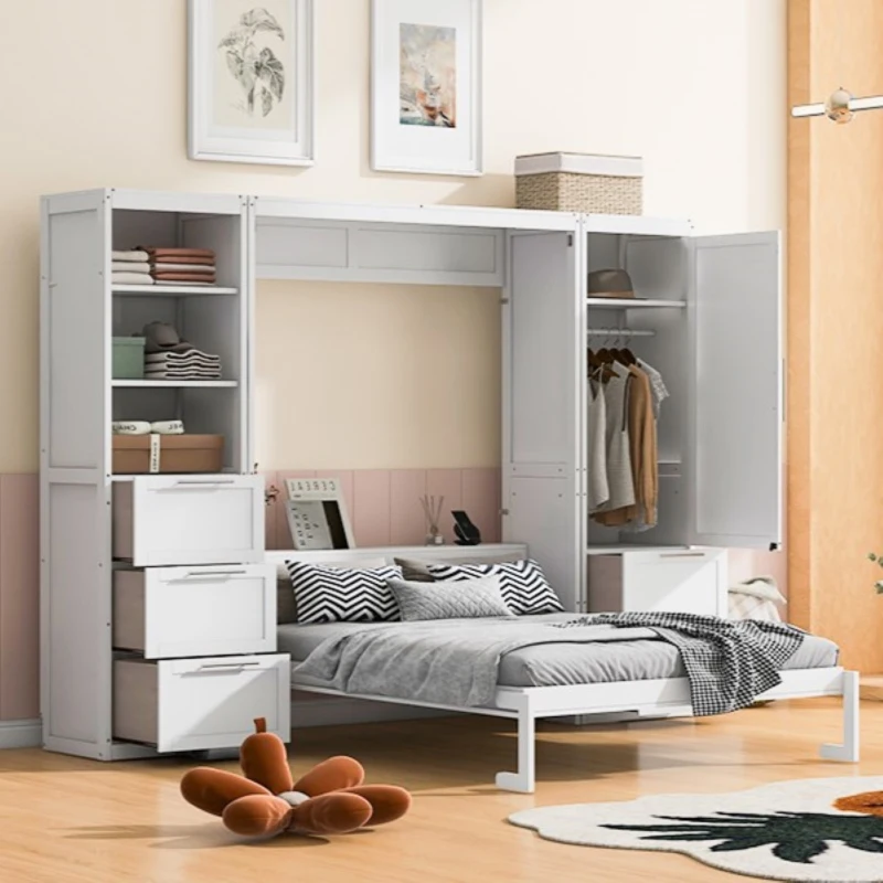 Compact bedroom with white queen-size Murphy bed surrounded by built-in wardrobe and drawers.