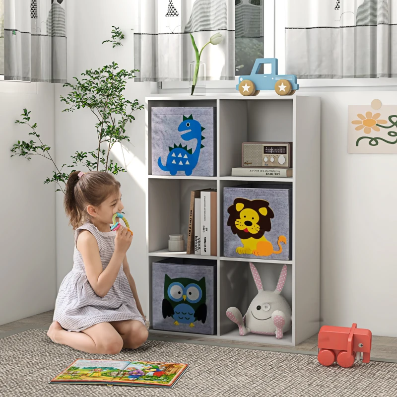 Child organizing toys in colorful cube storage unit