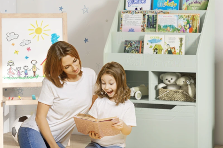 Mother reading with child in tidy pastel nursery with bookshelf