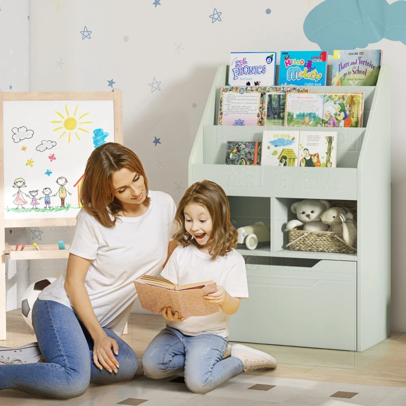Mother reading with child in tidy pastel nursery with bookshelf