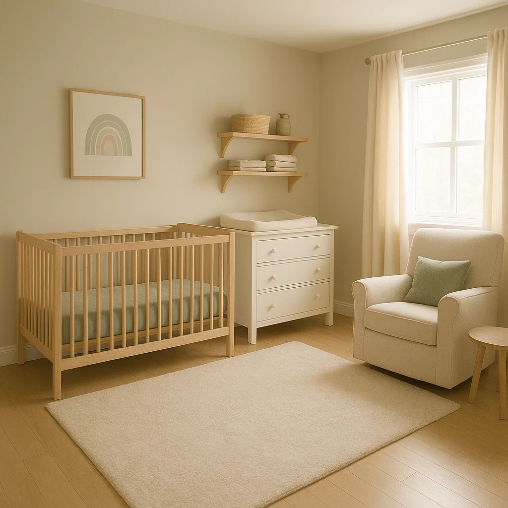 Minimalist nursery layout with crib, changing table, and armchair