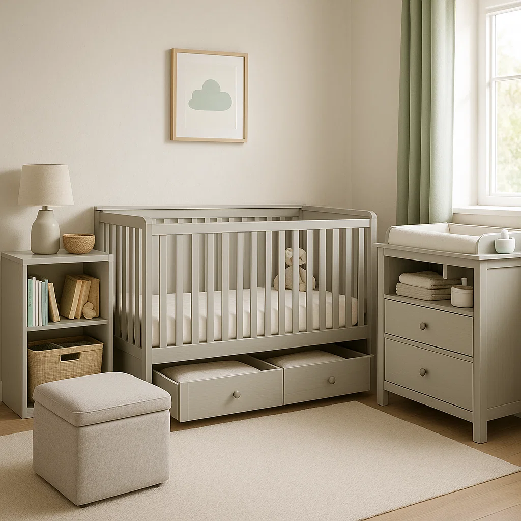 Gray nursery furniture with crib drawers and compact storage units