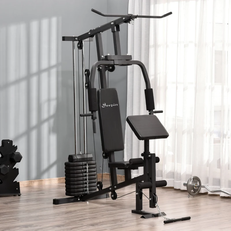 Multifunction home gym machine with pulleys and padded bench in bright room.