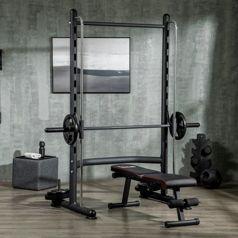 Adjustable squat rack with bench and weights in gray home gym.