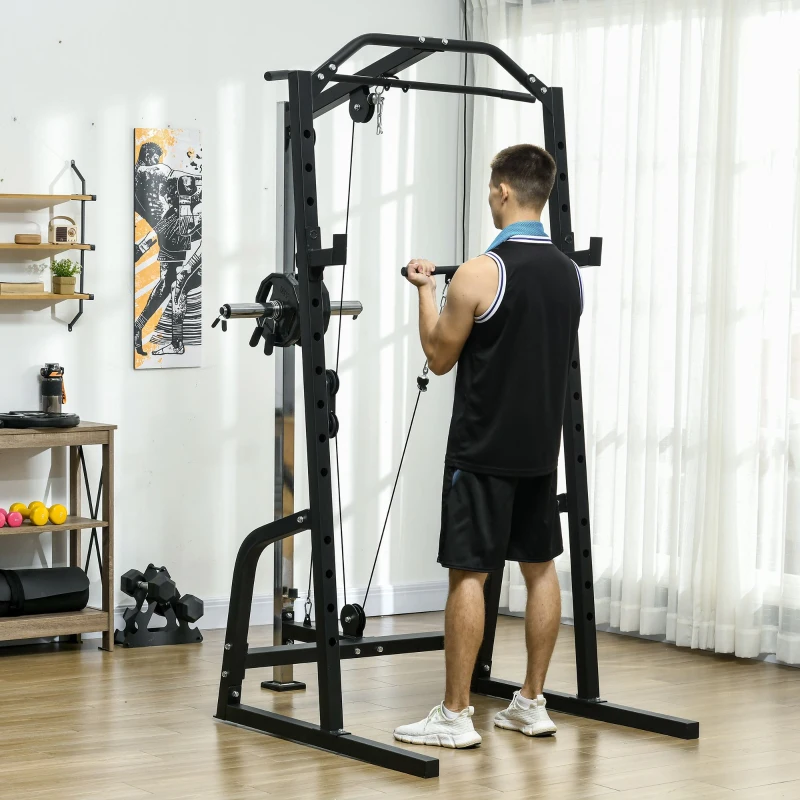 Man performing bicep curls on power cage with pulley system in home gym.