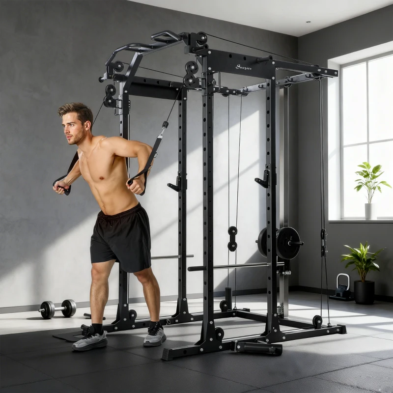 Man training chest using cable resistance on multifunctional Smith power rack.