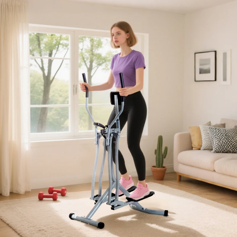 Woman exercising on upright air walker elliptical in bright room.