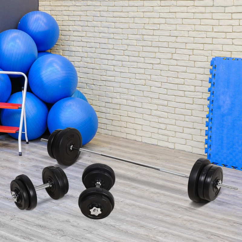 Adjustable dumbbell and barbell weight set beside blue exercise balls.