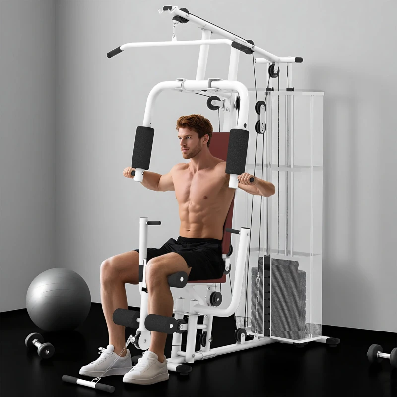 Man exercising on white multifunction gym machine in fitness room.