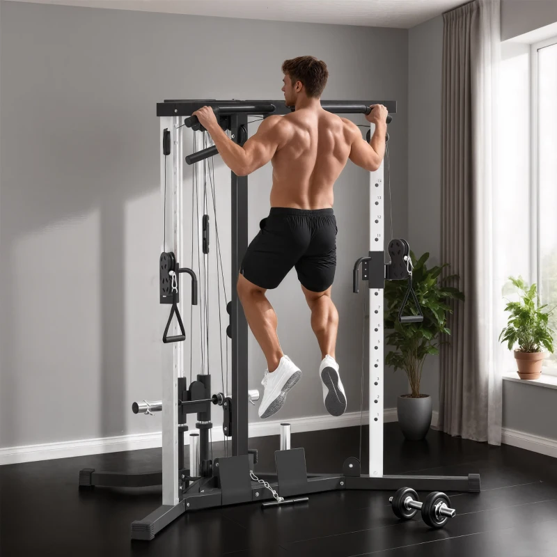 Man training on multifunctional home gym with cable pulley.