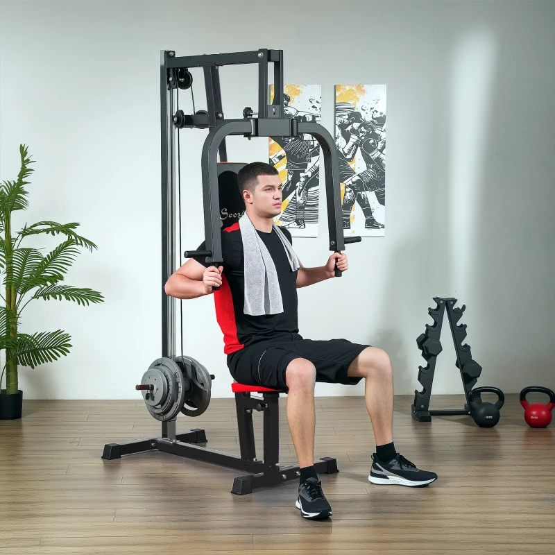 Man using chest fly and press machine in modern home gym.