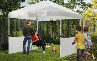 Family enjoying outdoor pop-up tent in sunny backyard garden.