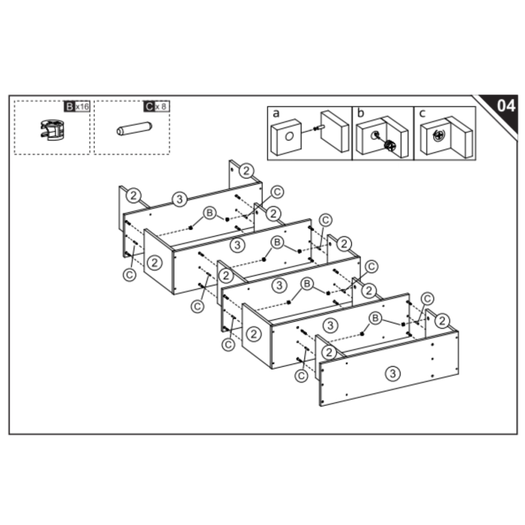 Joining multiple shelf units with dowels and cam locks.