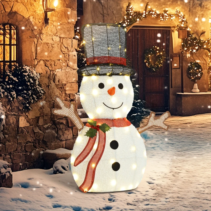 Light-up snowman with scarf and top hat outside decorated house.