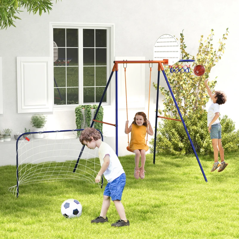 Children playing with swing, basketball hoop, and soccer goal in yard.