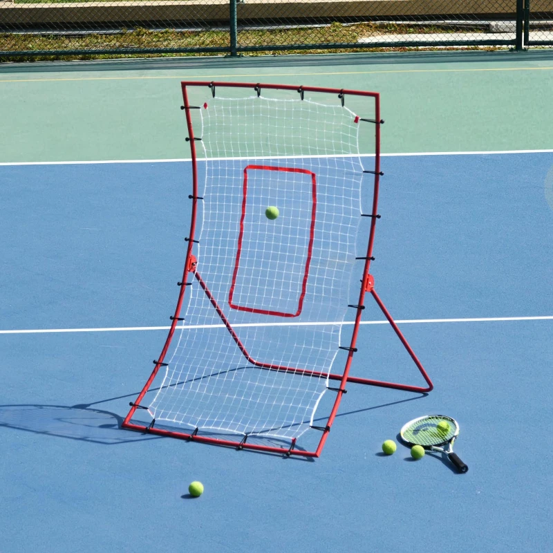 Adjustable rebounder net on blue court used for tennis training.