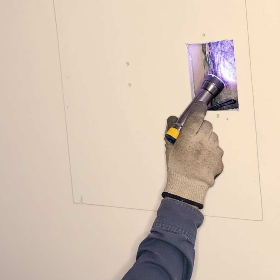 Worker checking inside wall cavity with flashlight for obstructions.