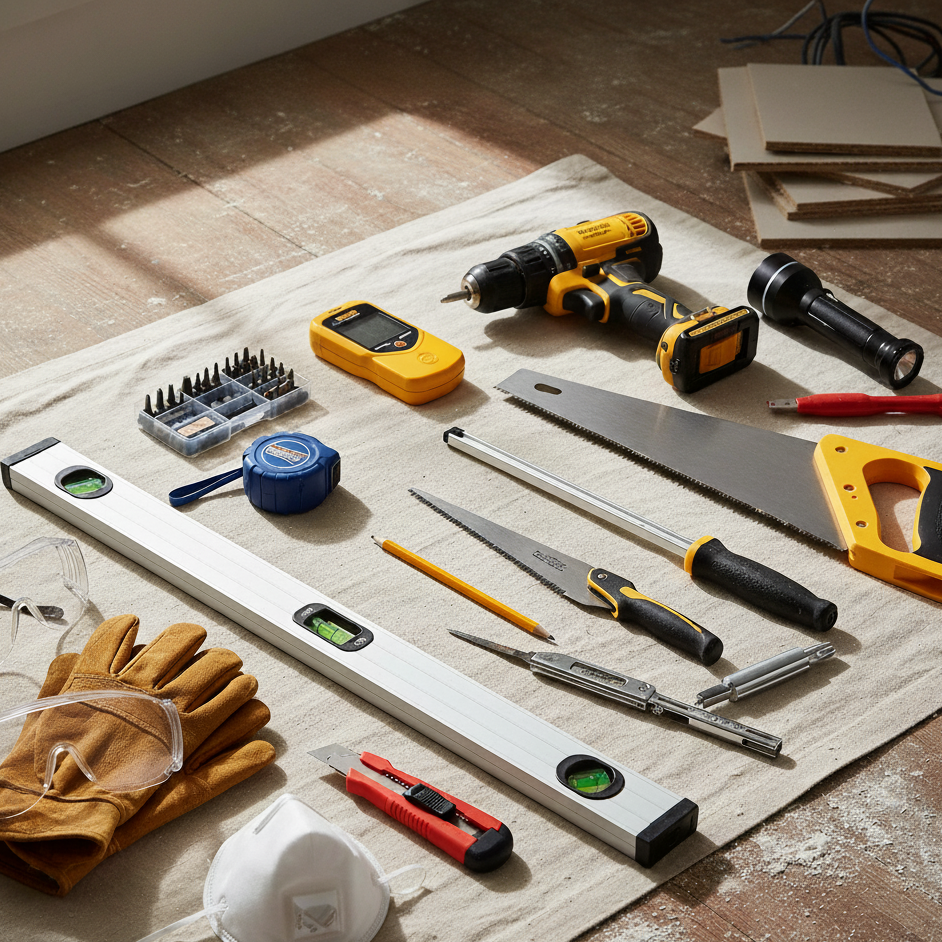 Set of essential DIY tools including drill, saw, level, and tape measure.