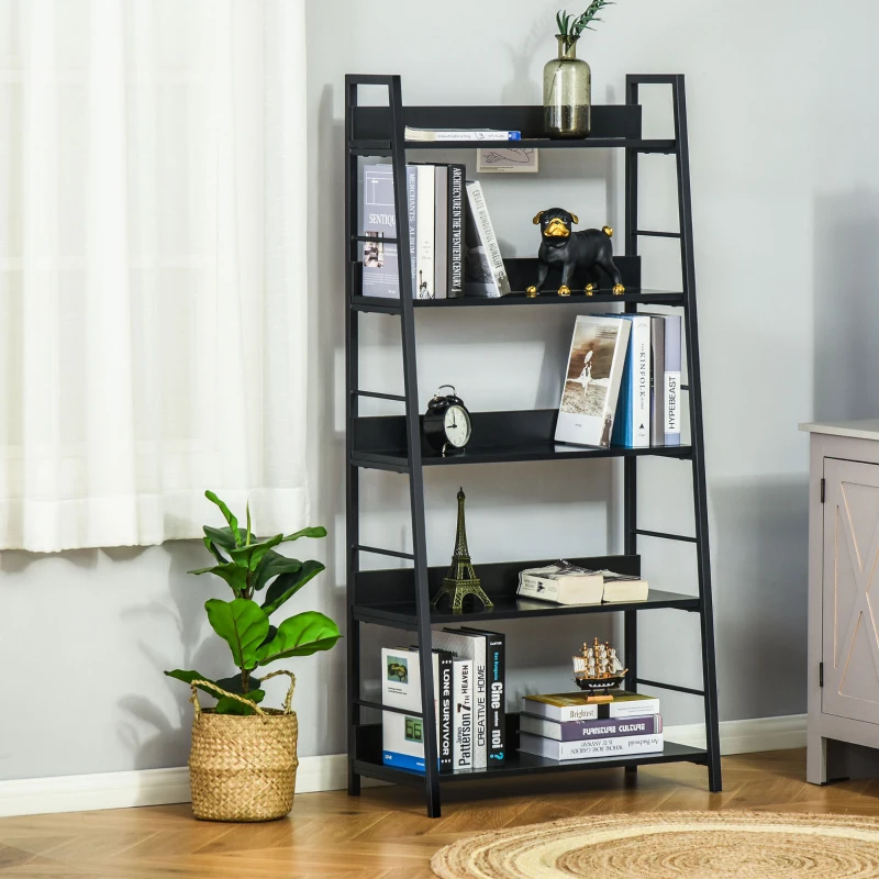 Black ladder bookshelf with books, décor, and small plant in living room.