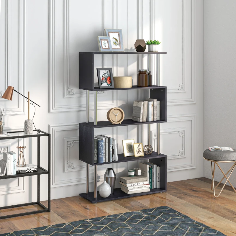 Modern black open bookshelf styled with décor in bright living room.