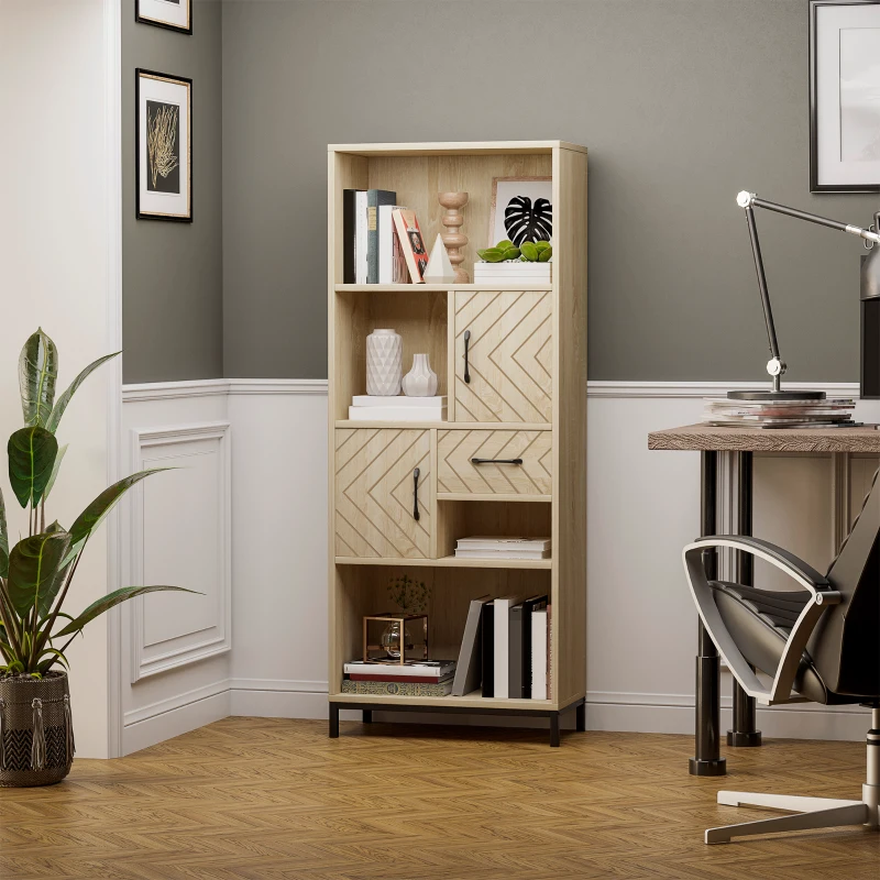 Modern light wood bookshelf with drawers and decorative accents in office.