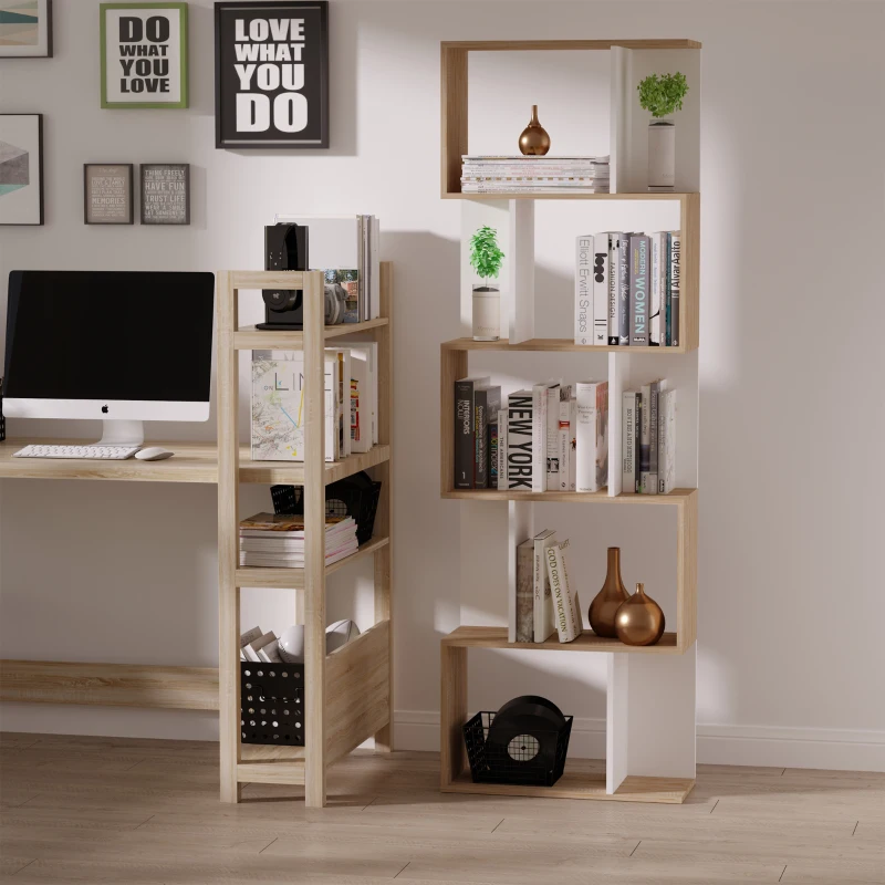 Two-tone geometric bookshelf styled with books and plants beside desk.
