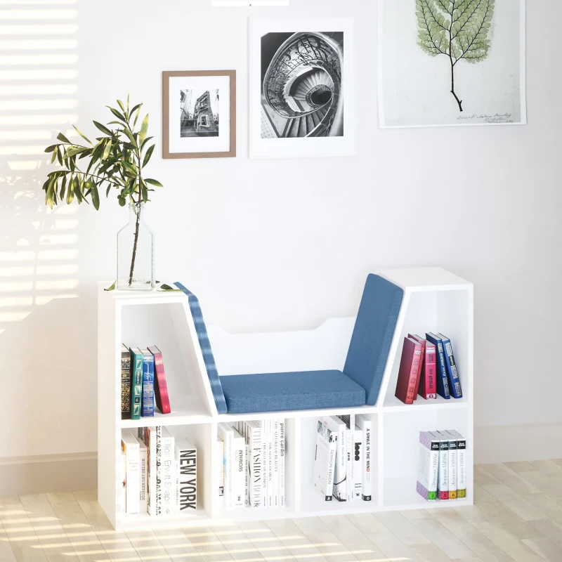 White cubby bookshelf with blue cushioned reading seat and books.