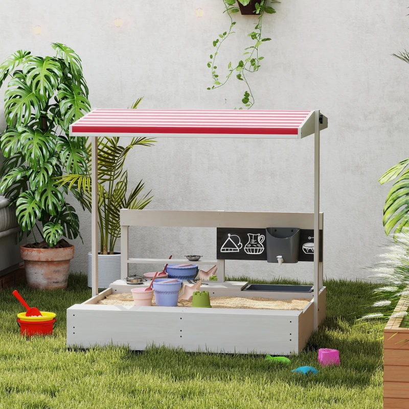 Wooden sandbox with canopy and kitchen play area in grassy backyard.