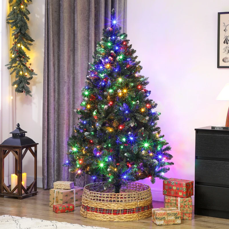 HOMCOM frosted spruce pre-lit Christmas tree with multicolor LED lights and wrapped gifts