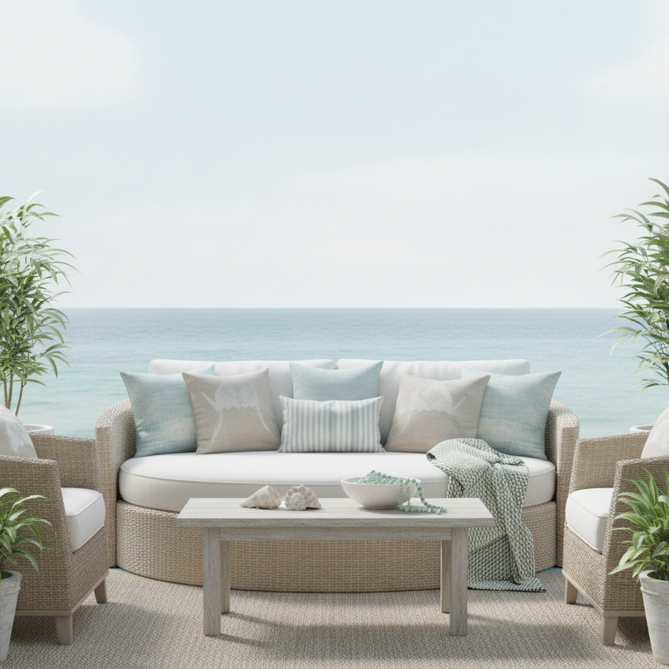 Coastal outdoor seating with beige rattan sofa and blue patterned pillows by the sea.
