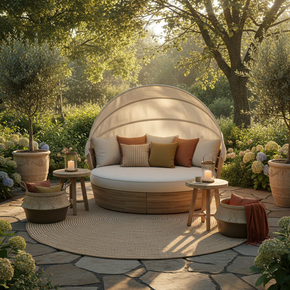 Round daybed with canopy surrounded by side tables, candles, and garden décor.
