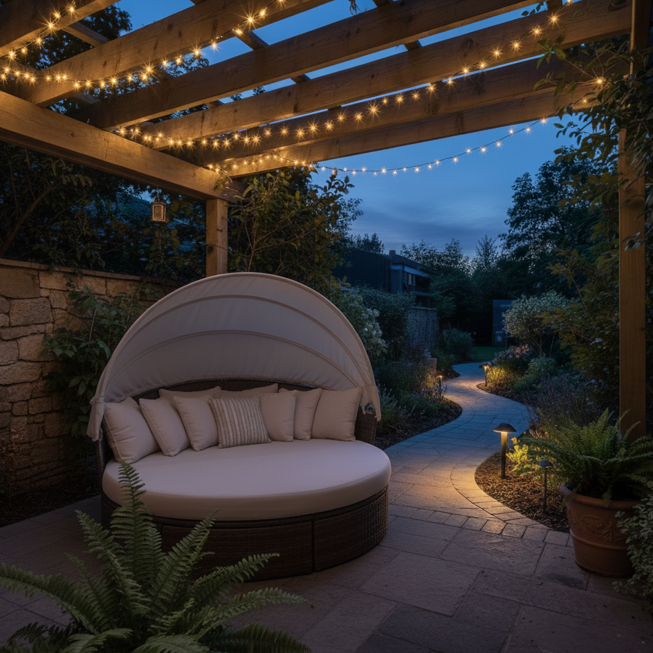 Outdoor round daybed under pergola with string lights at dusk.
