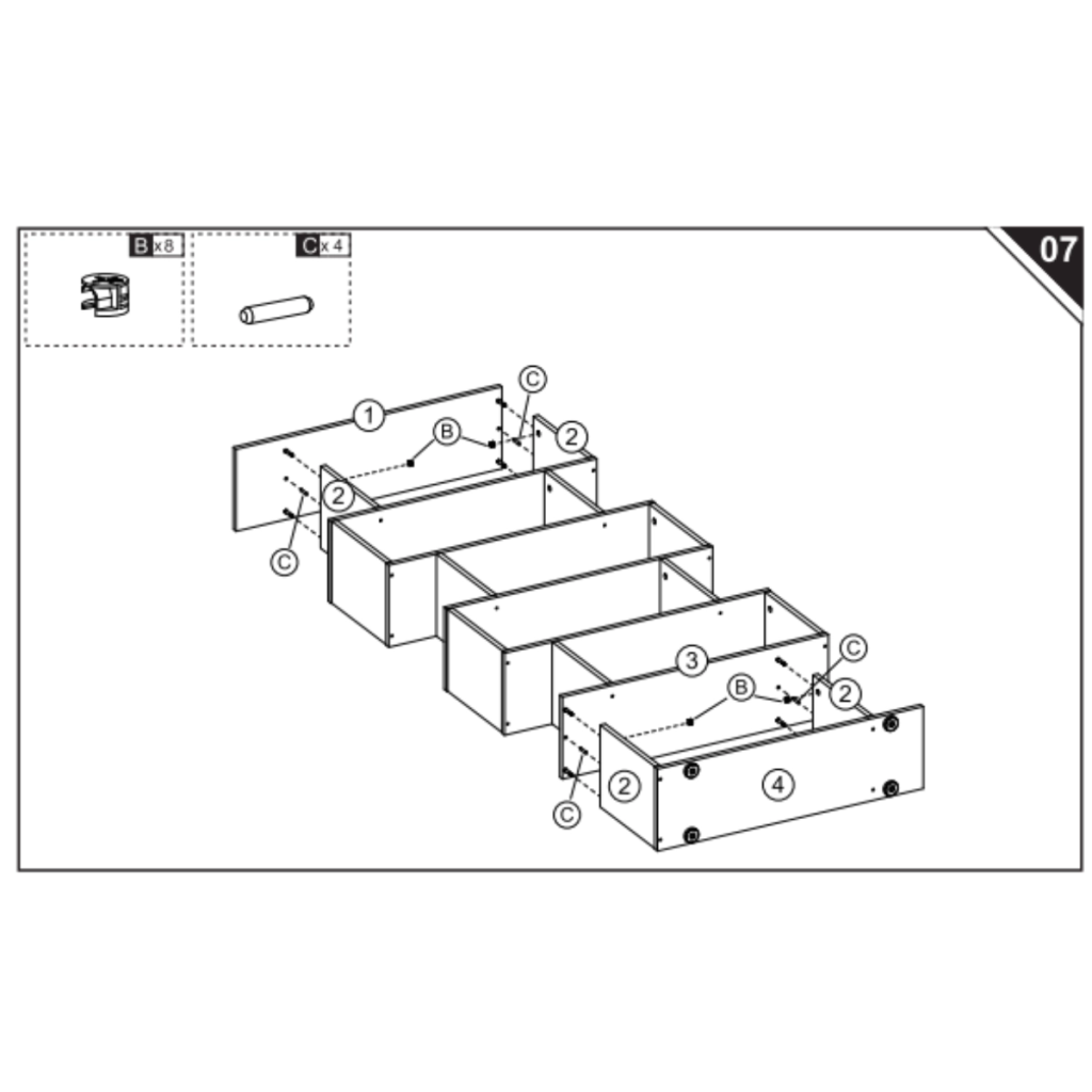 Connecting top and bottom panels to stacked shelf units.