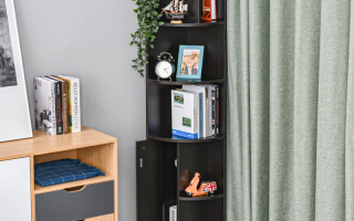Black HOMCOM 5-tier corner bookcase with cabinet displayed in living room.