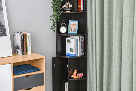 Black HOMCOM 5-tier corner bookcase with cabinet displayed in living room.