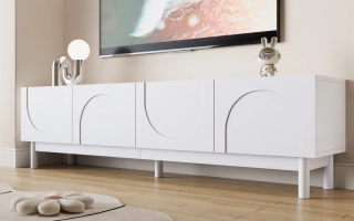 Modern black TV stand with red LED shelves beneath wall-mounted TV.