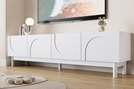 Modern black TV stand with red LED shelves beneath wall-mounted TV.